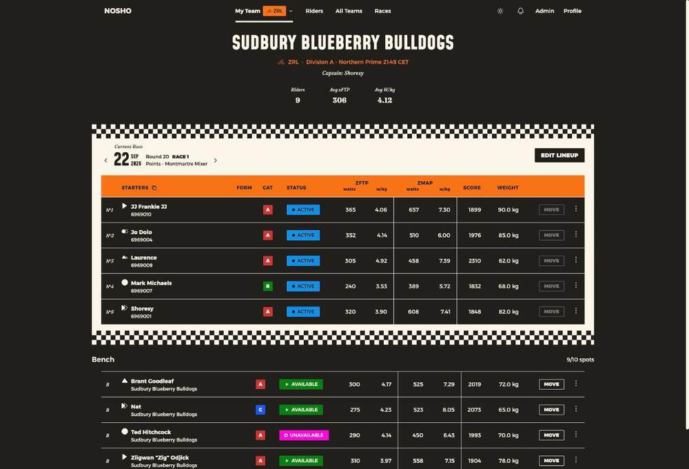 The My Team page showing the team header, current race, starters and bench